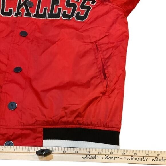 Young & Reckless Red Bomber Jacket Size S Snap-Button Closure Black & White Stri - Picture 9 of 11